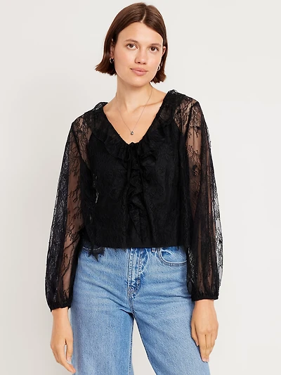 Long-Sleeve Lace V-Neck Lined Top