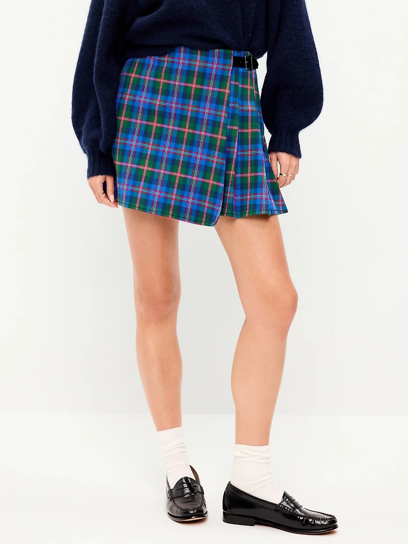 High-Waisted Pleated Buckled Wrap-Front Mini Skirt