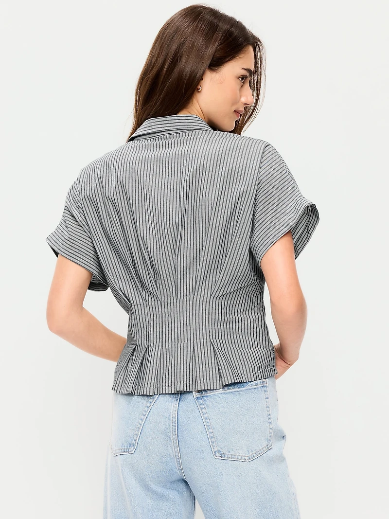 Slim Short-Sleeve Cinched-Waist Button-Down Shirt