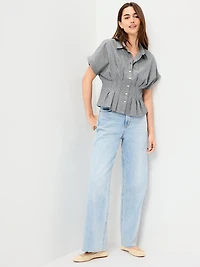 Slim Short-Sleeve Cinched-Waist Button-Down Shirt