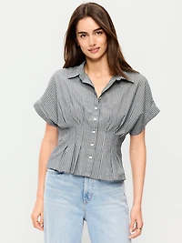 Slim Short-Sleeve Cinched-Waist Button-Down Shirt