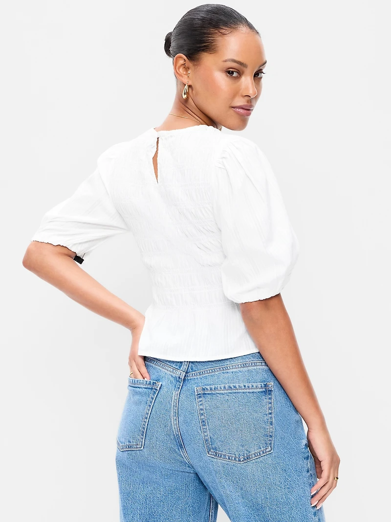 Smocked Puff Sleeve Peplum Top