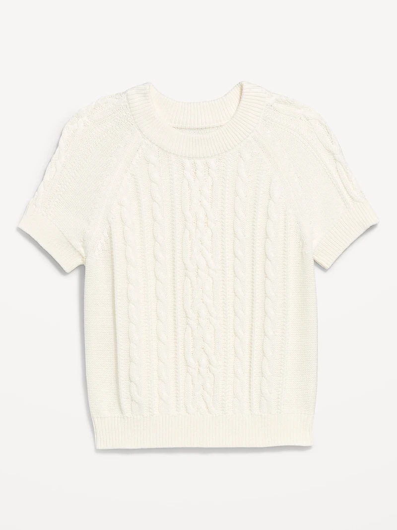 Seaside Cotton Short-Sleeve Cable-Knit Cropped Sweater