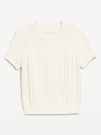 Seaside Cotton Short-Sleeve Cable-Knit Cropped Sweater