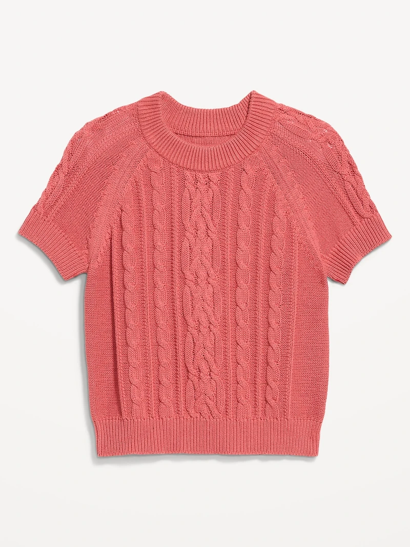 Seaside Cotton Short-Sleeve Cable-Knit Cropped Sweater
