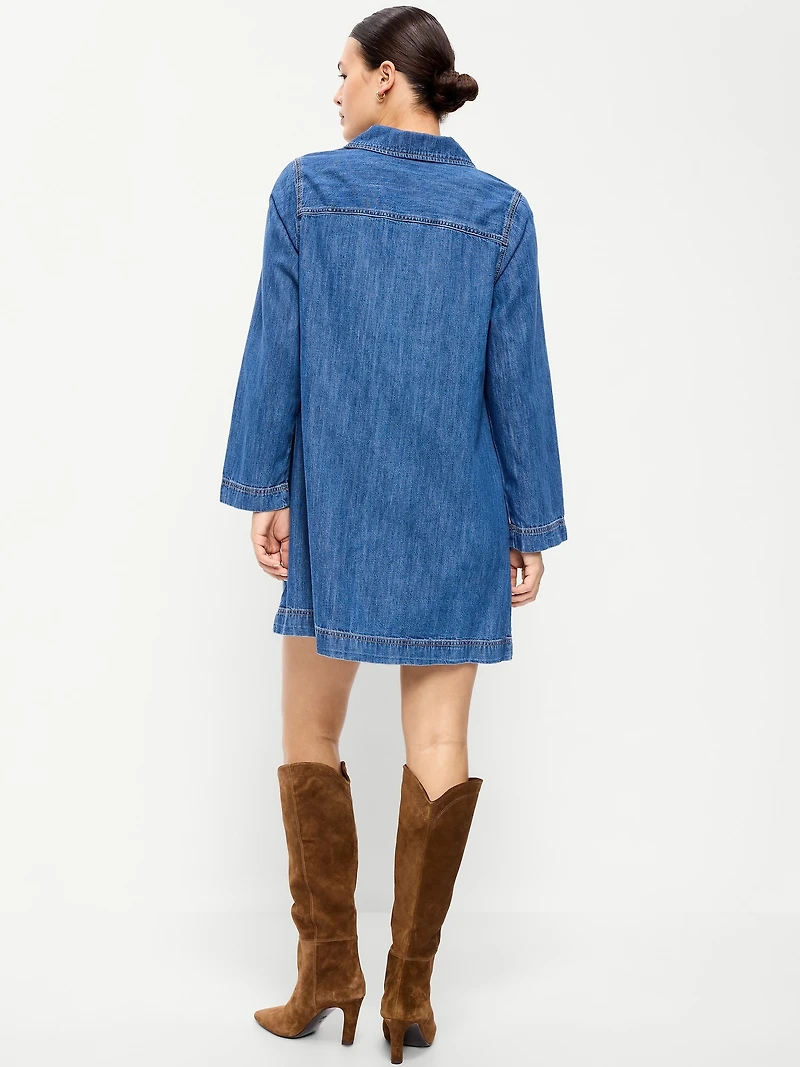 Long-Sleeve Popover Jean Mini Dress