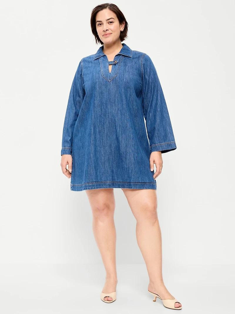 Long-Sleeve Popover Jean Mini Dress