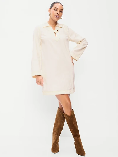 Long-Sleeve Popover Jean Mini Dress