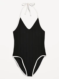 Ribbed V-Neck Halter One-Piece Swimsuit