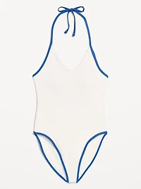 Ribbed V-Neck Halter One-Piece Swimsuit