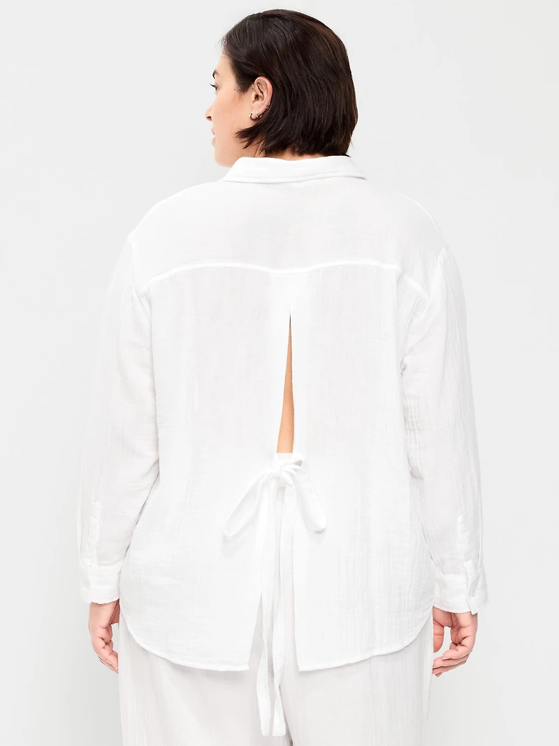 Open-Back Crinkle Gauze Button-Down Shirt
