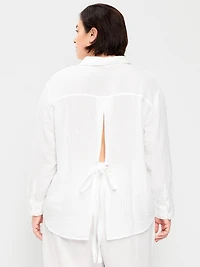 Open-Back Crinkle Gauze Button-Down Shirt