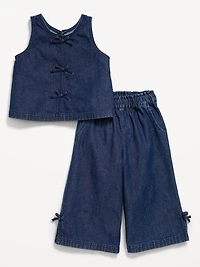 Sleeveless Bow Jean Top and Pants Set for Toddler Girls