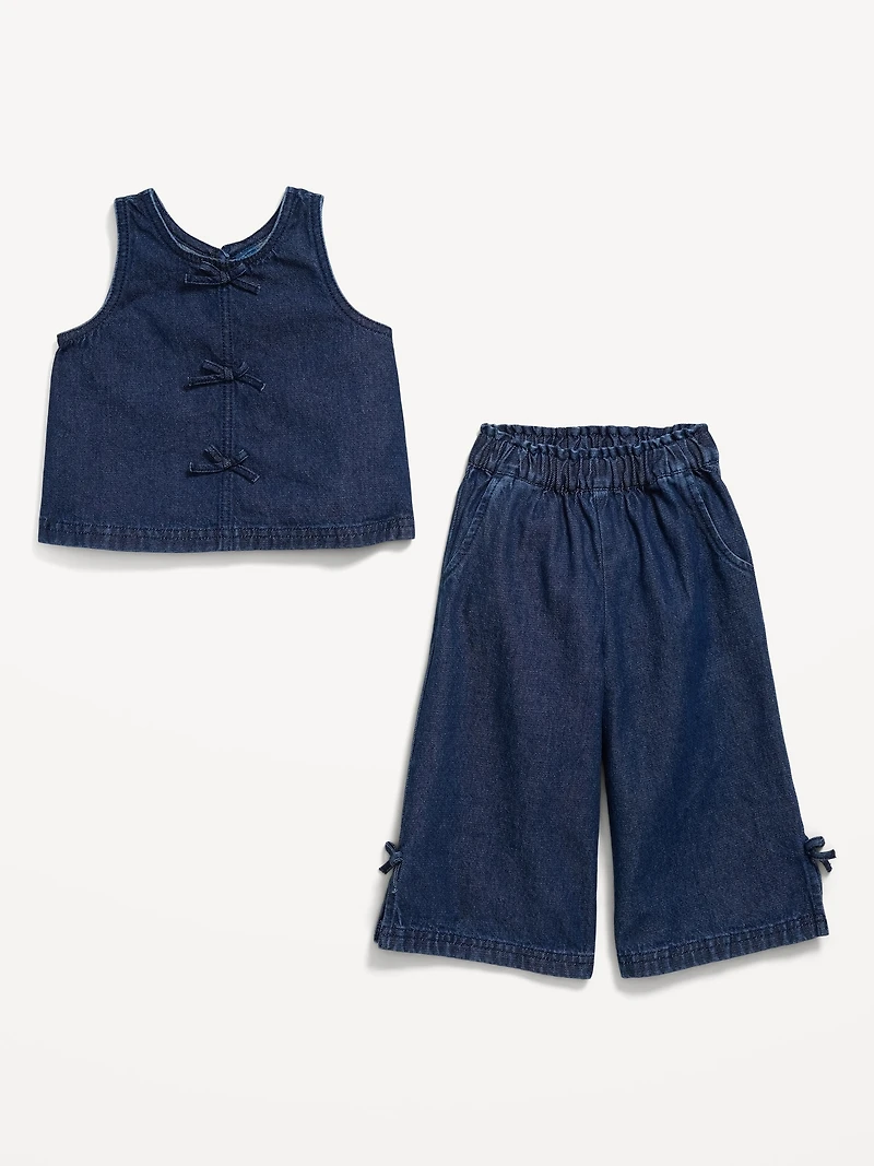 Sleeveless Bow Jean Top and Pants Set for Toddler Girls