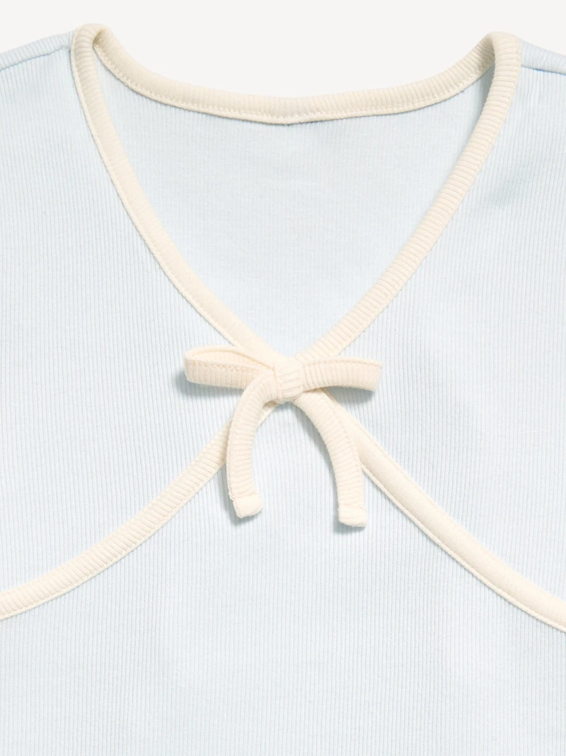 Fitted Short-Sleeve Ribbed Bow Top for Girls