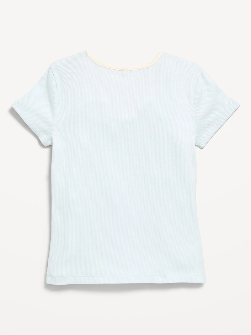 Fitted Short-Sleeve Ribbed Bow Top for Girls
