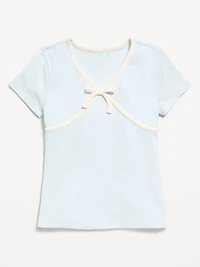 Fitted Short-Sleeve Ribbed Bow Top for Girls