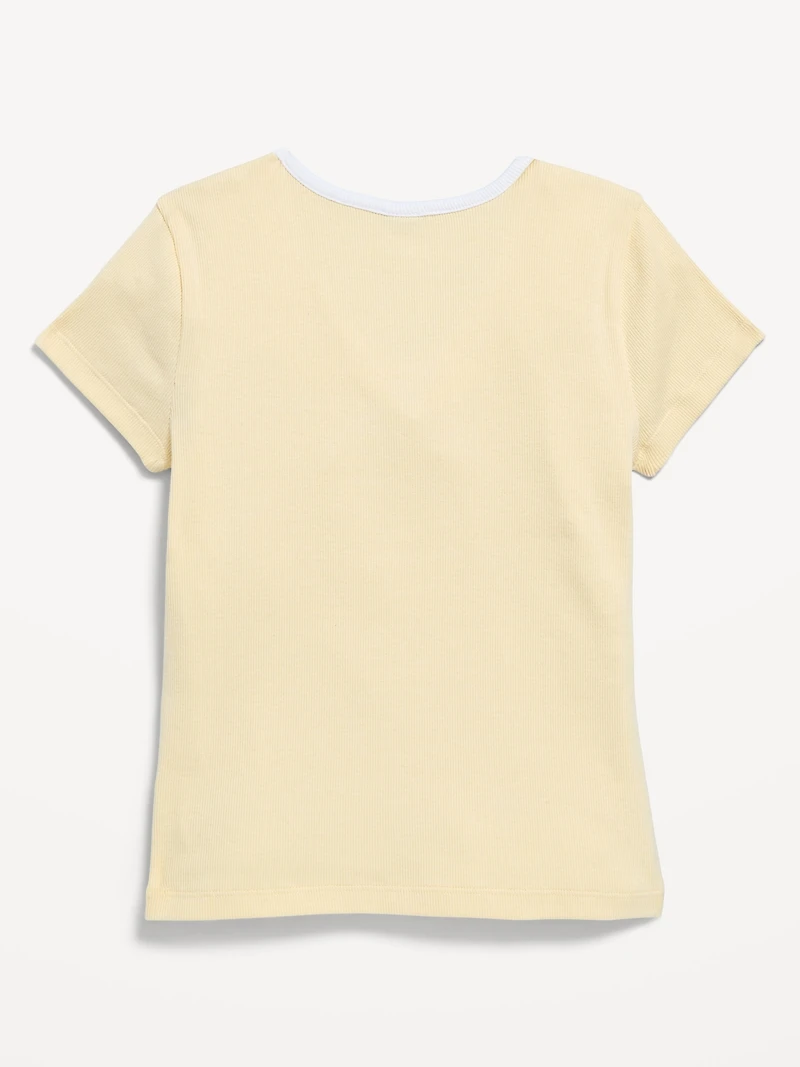 Fitted Short-Sleeve Ribbed Bow Top for Girls