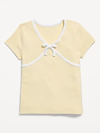 Fitted Short-Sleeve Ribbed Bow Top for Girls