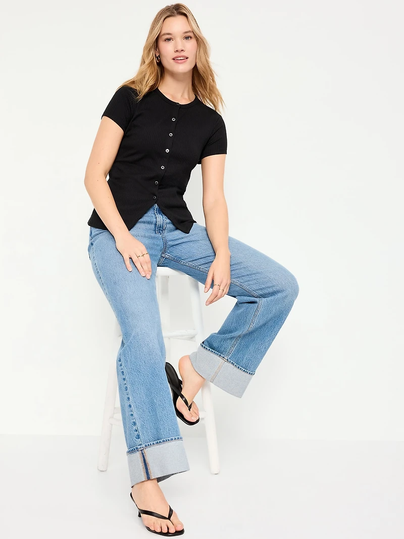 Short-Sleeve Ribbed Button-Down Top