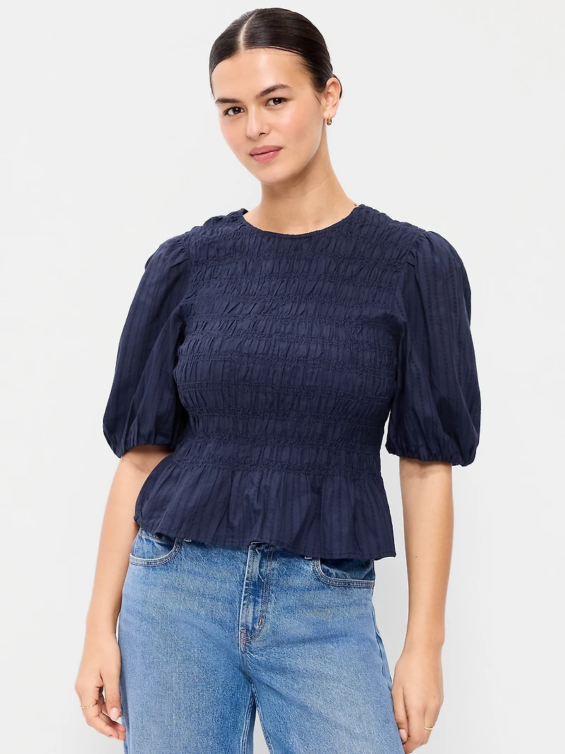 Puff Sleeve Peplum Smocked Top