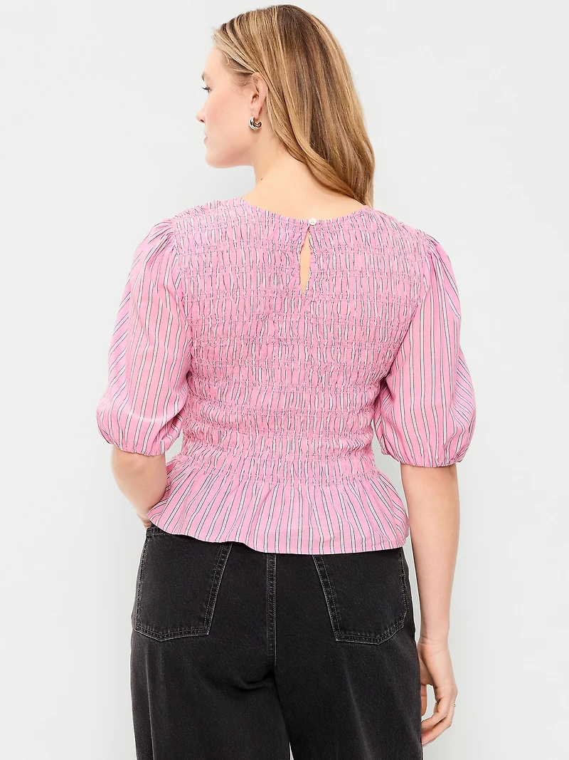 Smocked Puff Sleeve Peplum Top