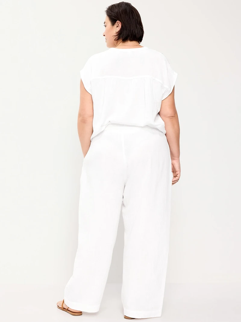 High-Waisted Crinkle Gauze Barrel Ankle Pants
