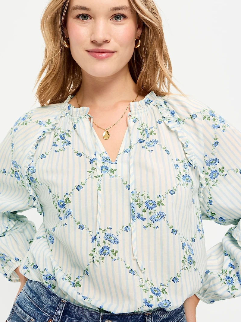Long-Sleeve Ruffle Trim Top
