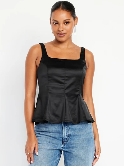 Square-Neck Satin Peplum Top