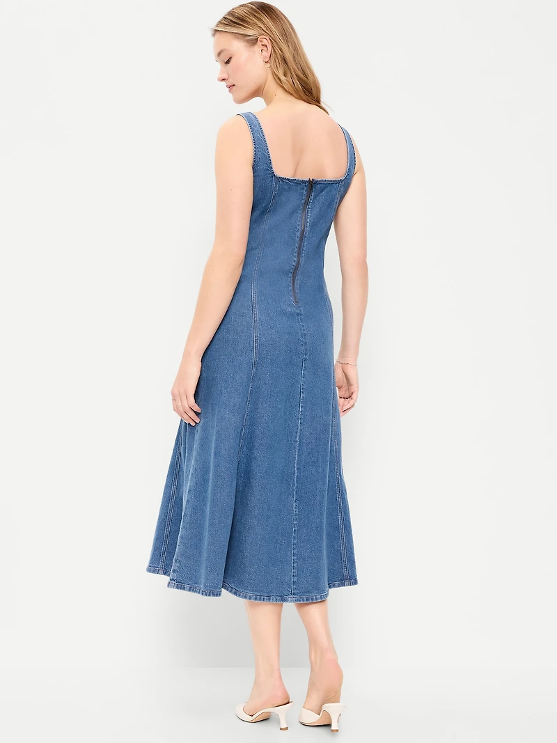Fit & Flare Sleeveless Denim Midi Dress