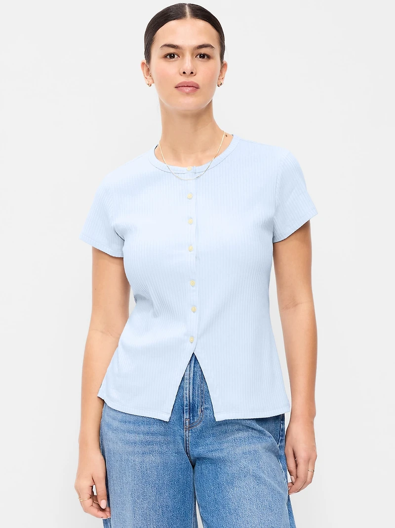 Short-Sleeve Ribbed Button-Down Top