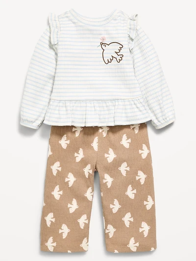Long-Sleeve Ruffled Top and Wide-Leg Pants Set for Baby