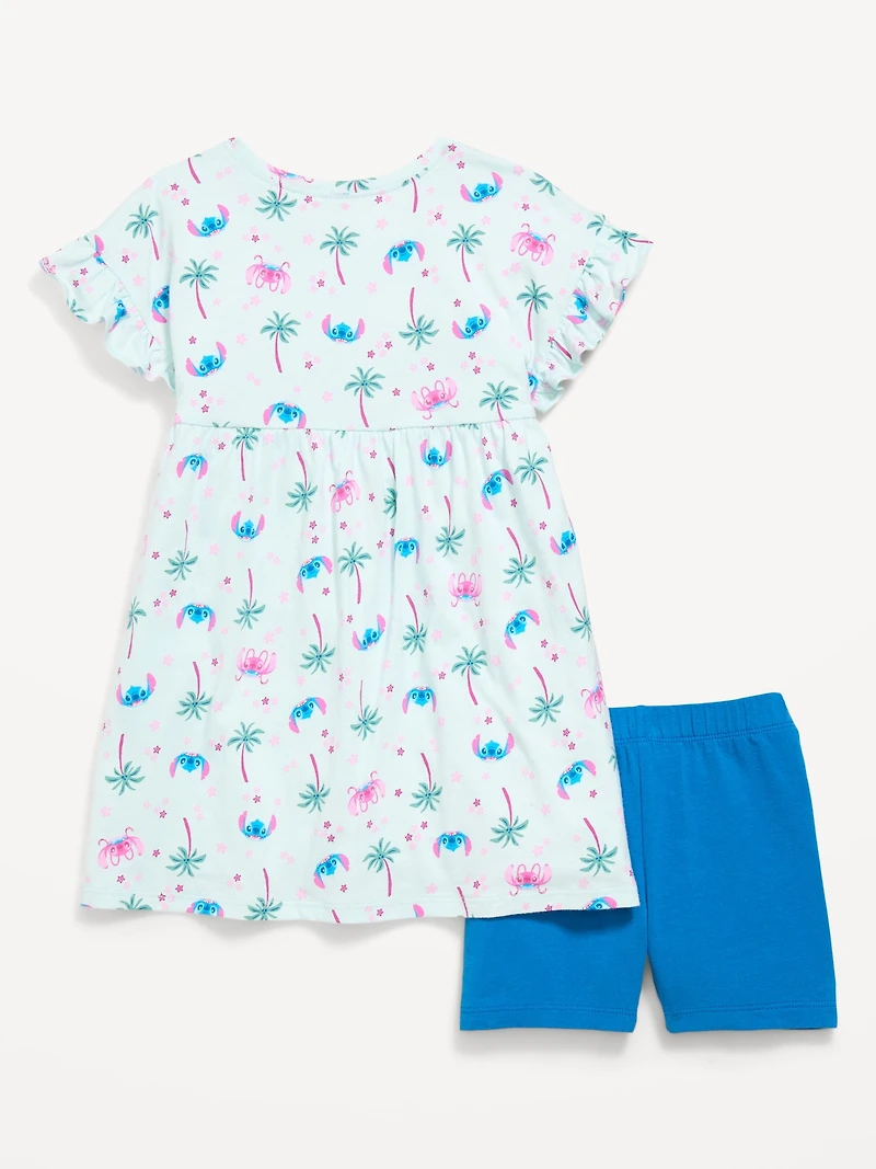 Disney© Ruffled Short-Sleeve Dress and Biker Shorts Set for Toddler Girls