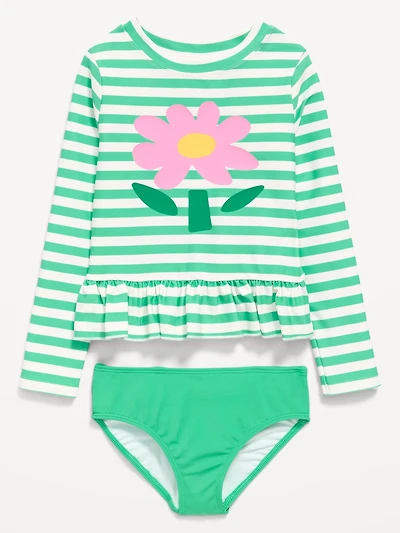 Printed Long-Sleeve Rashguard Swim Top Set for Toddler Girls