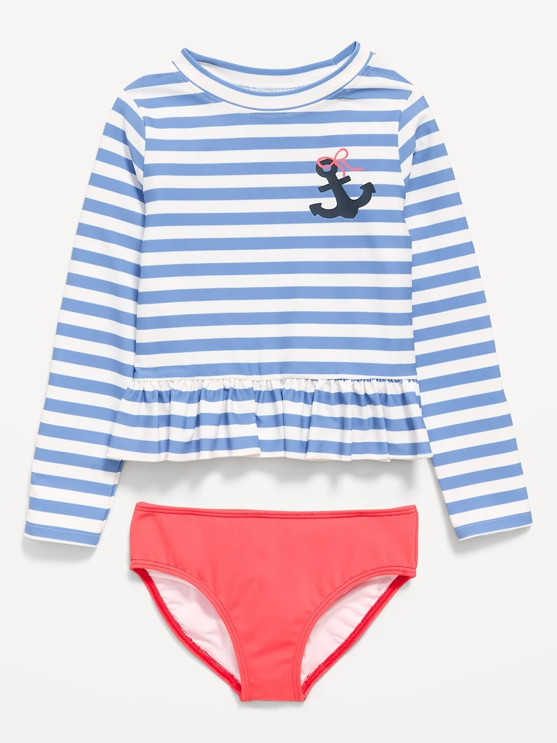 Printed Long-Sleeve Rashguard Swim Top Set for Toddler Girls