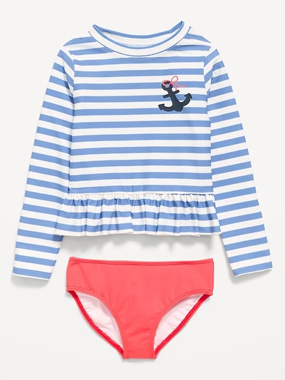 Printed Long-Sleeve Rashguard Swim Top Set for Toddler Girls