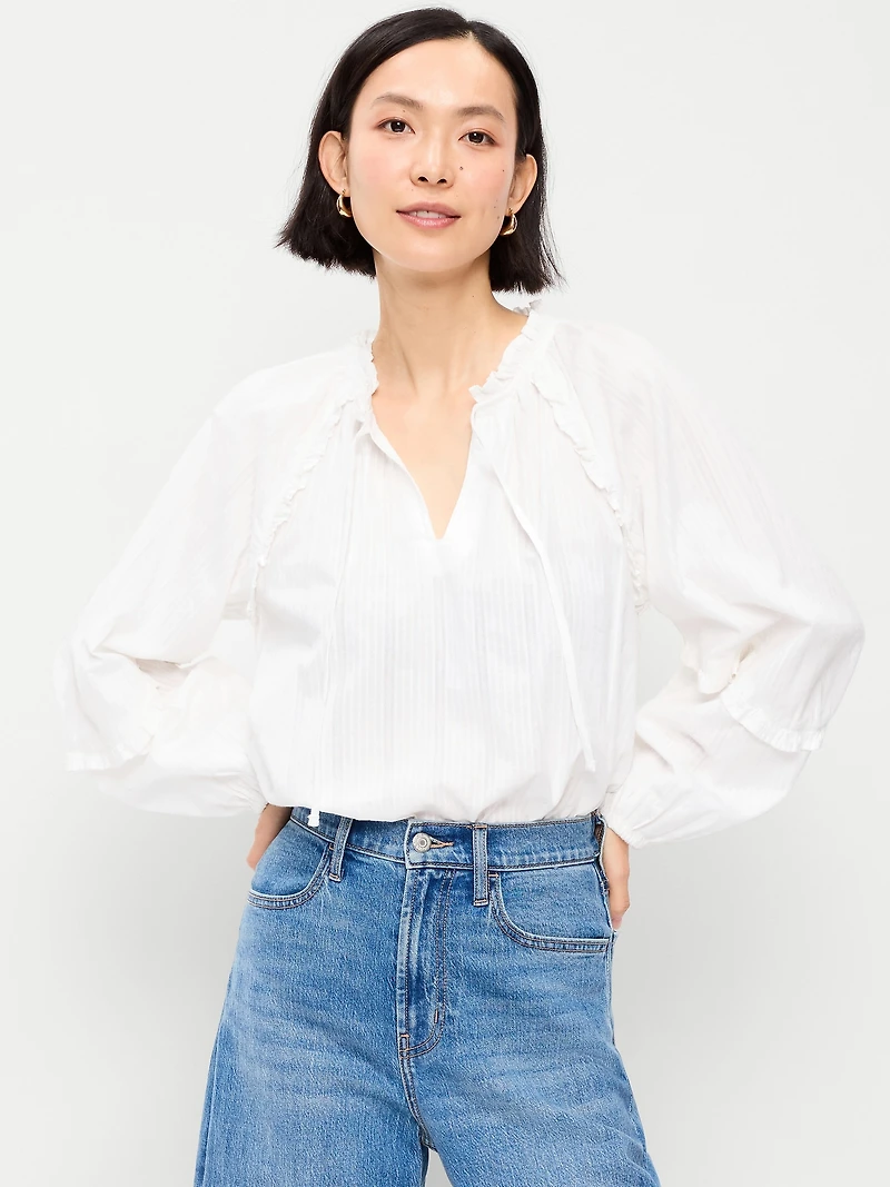 Long-Sleeve Ruffled Popover Top