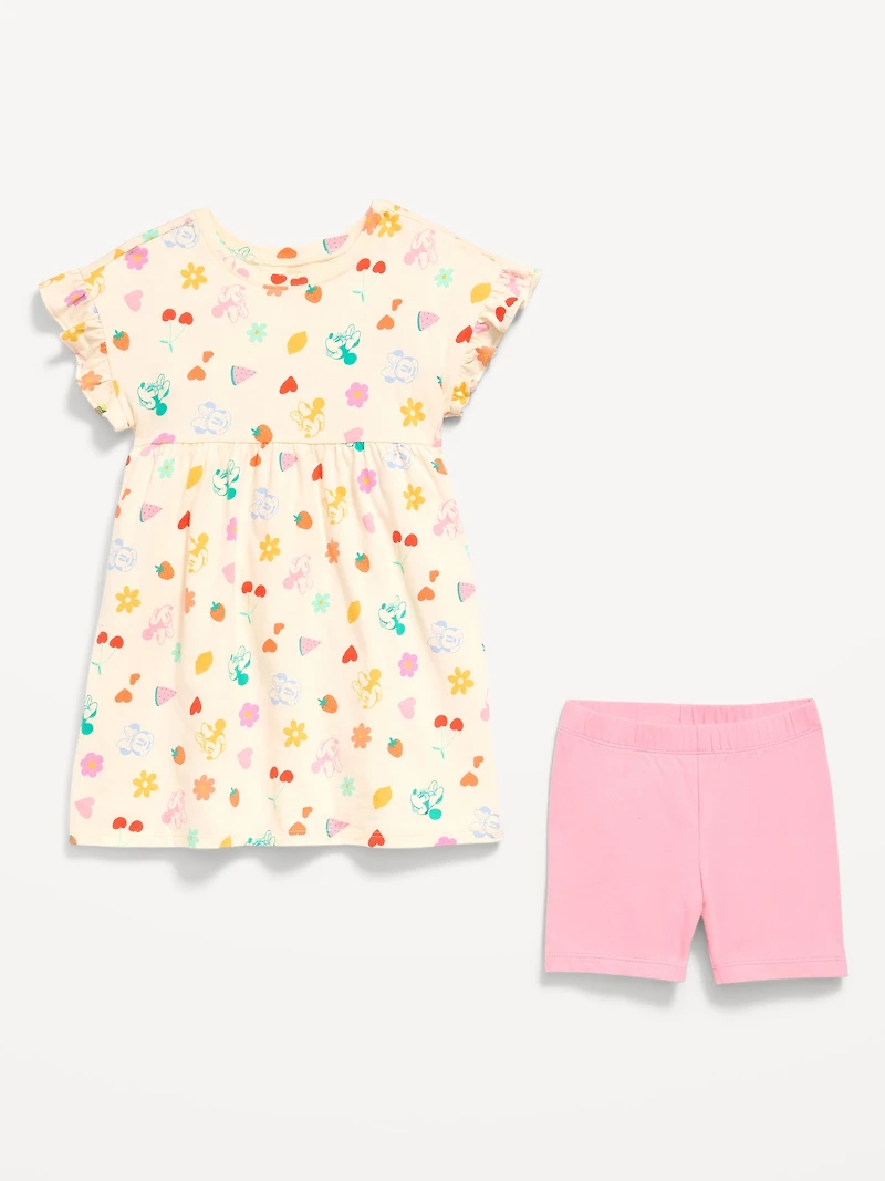 Disney© Ruffled Short-Sleeve Dress and Biker Shorts Set for Toddler Girls