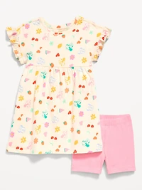 Disney© Ruffled Short-Sleeve Dress and Biker Shorts Set for Toddler Girls