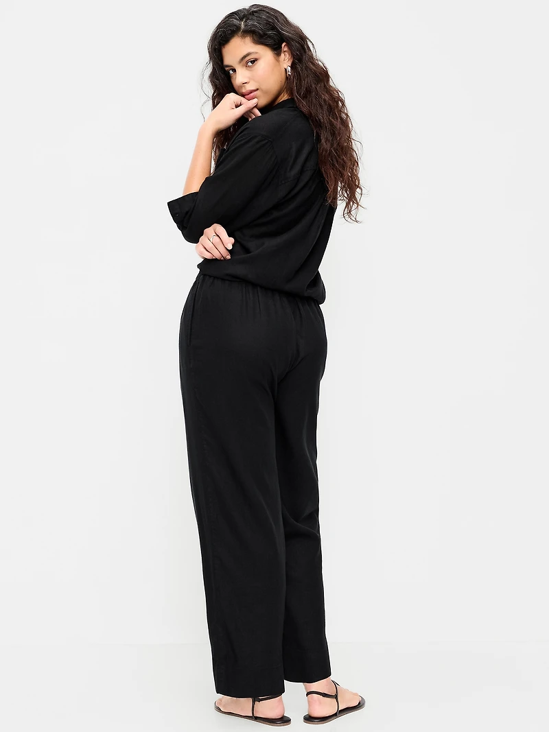 High-Waisted Linen-Blend Straight Ankle Pants