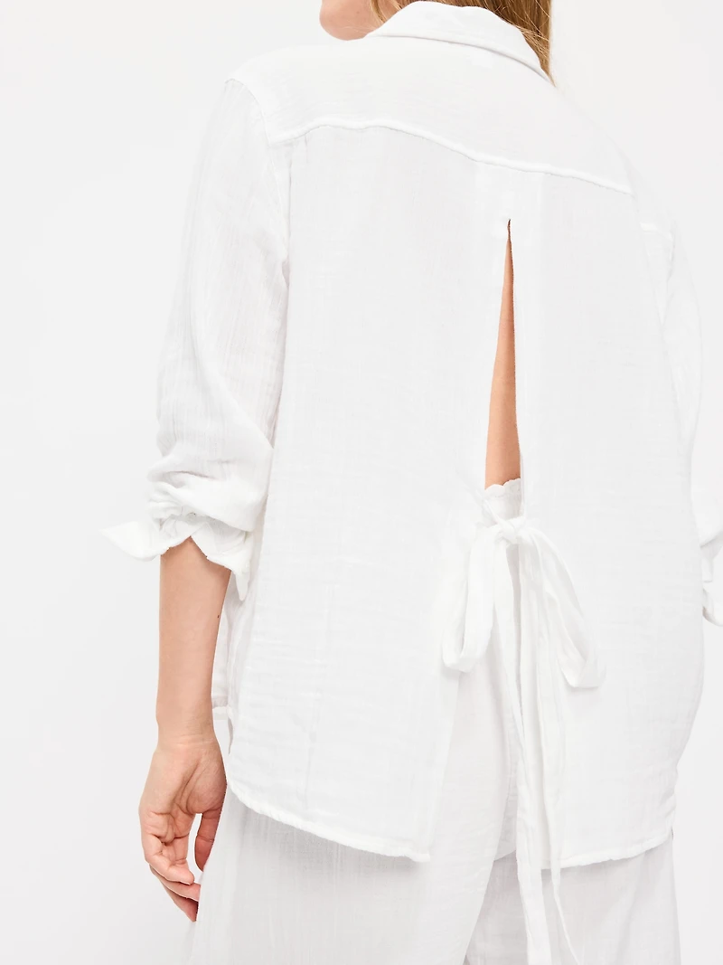 Open-Back Crinkle Gauze Button-Down Shirt