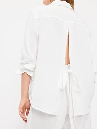 Open-Back Crinkle Gauze Button-Down Shirt