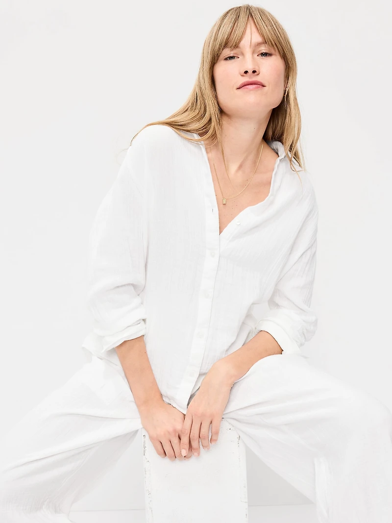 Open-Back Crinkle Gauze Button-Down Shirt