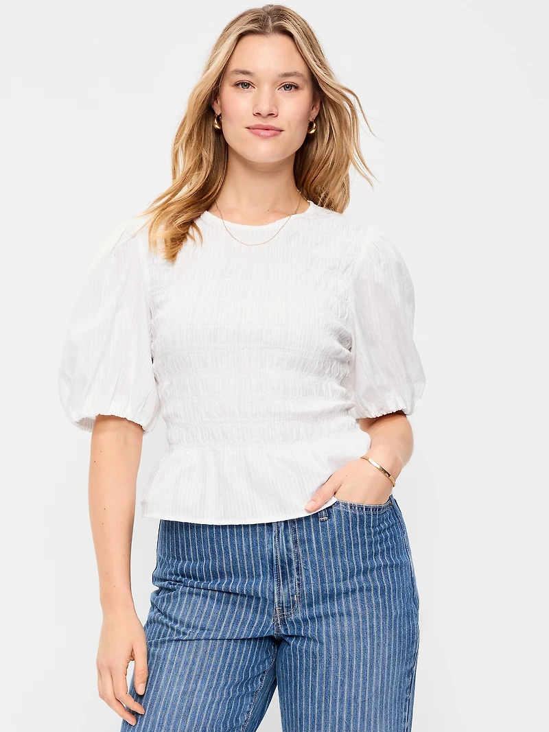 Smocked Puff Sleeve Peplum Top