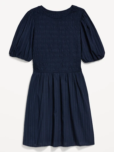 Smocked Puff-Sleeve Flare Mini Dress