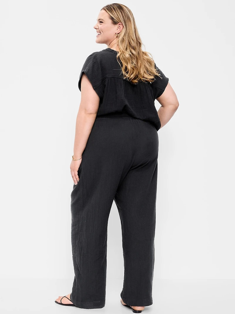High-Waisted Crinkle Gauze Wide-Leg Barrel Pants