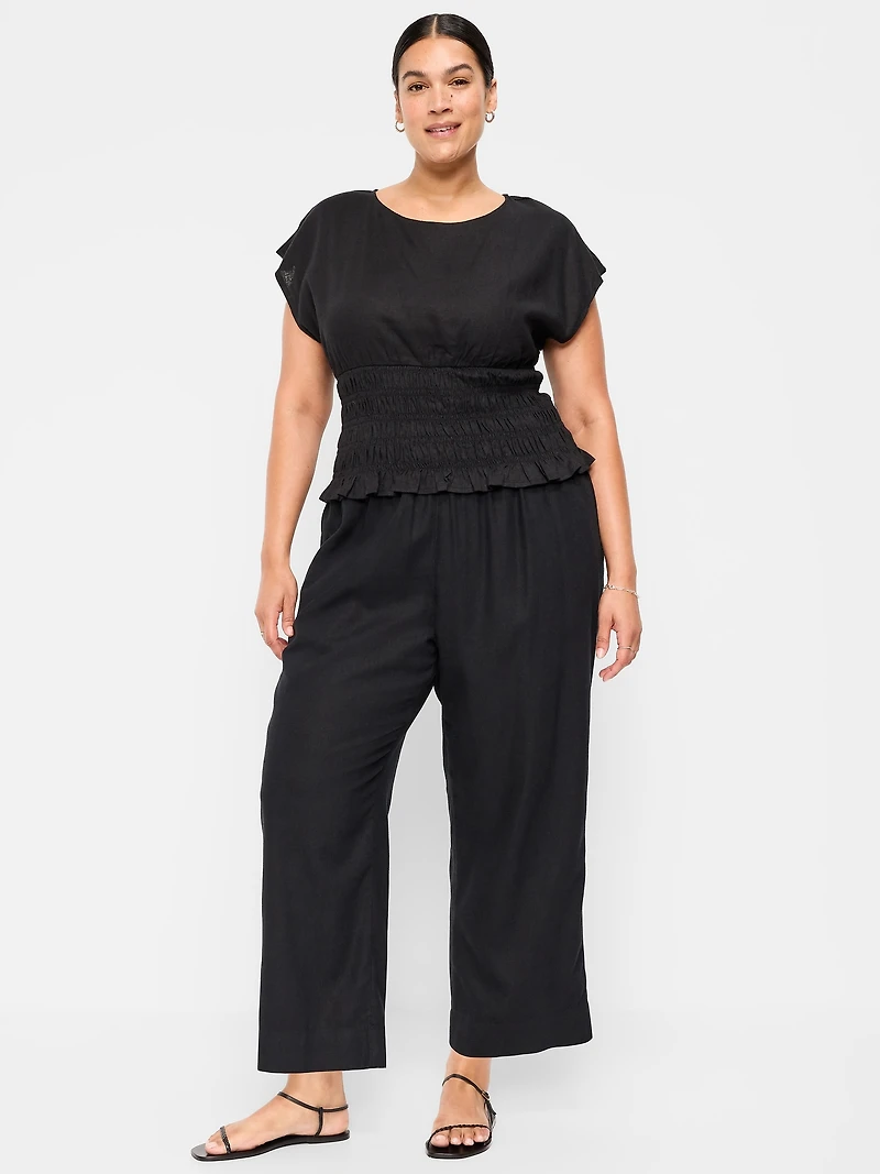 High-Waisted Linen-Blend Straight Ankle Pants