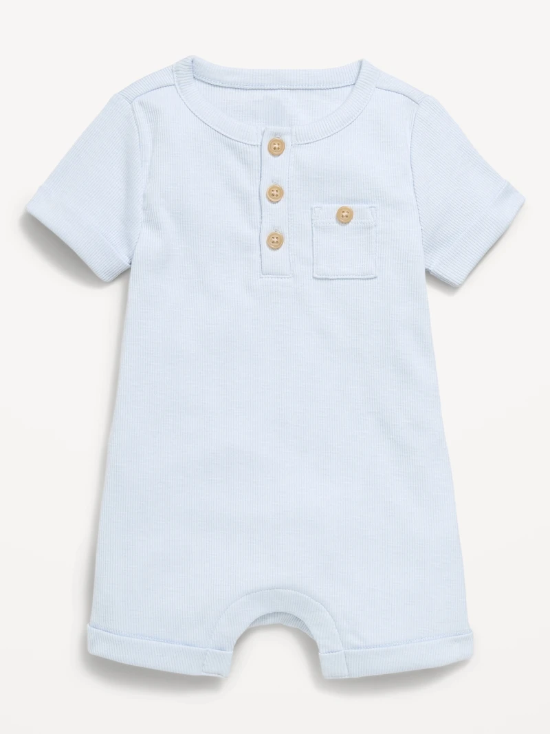 Printed Ribbed Henley Pocket One-Piece Romper for Baby