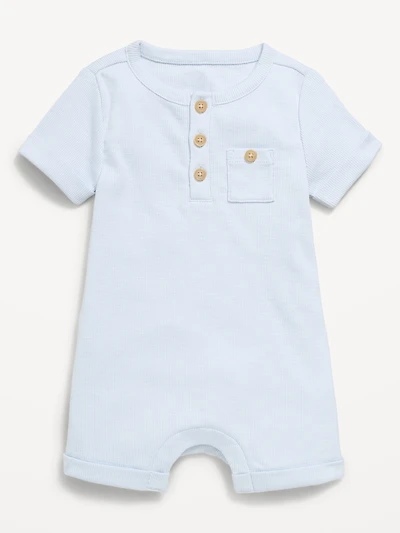 Printed Ribbed Henley Pocket One-Piece Romper for Baby
