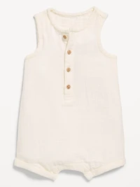 Sleeveless Double-Weave Henley One-Piece Romper for Baby